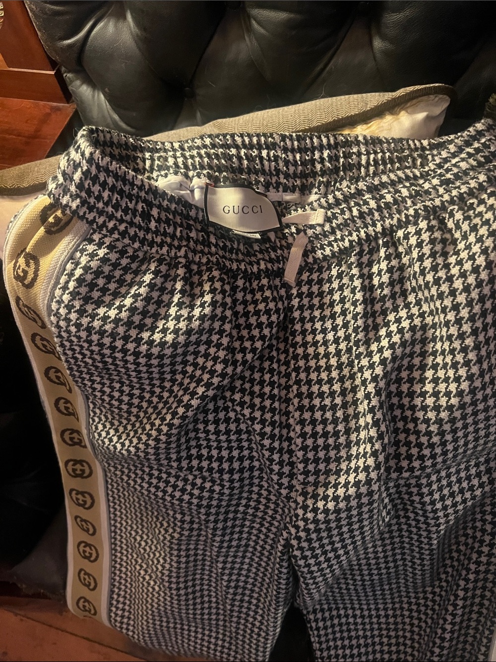 Gucci Black & White Houndstooth Track Pants with Logo Side Tape